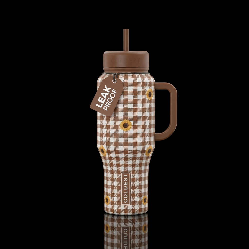 Brown and white gingham with sunflower accents water bottle design