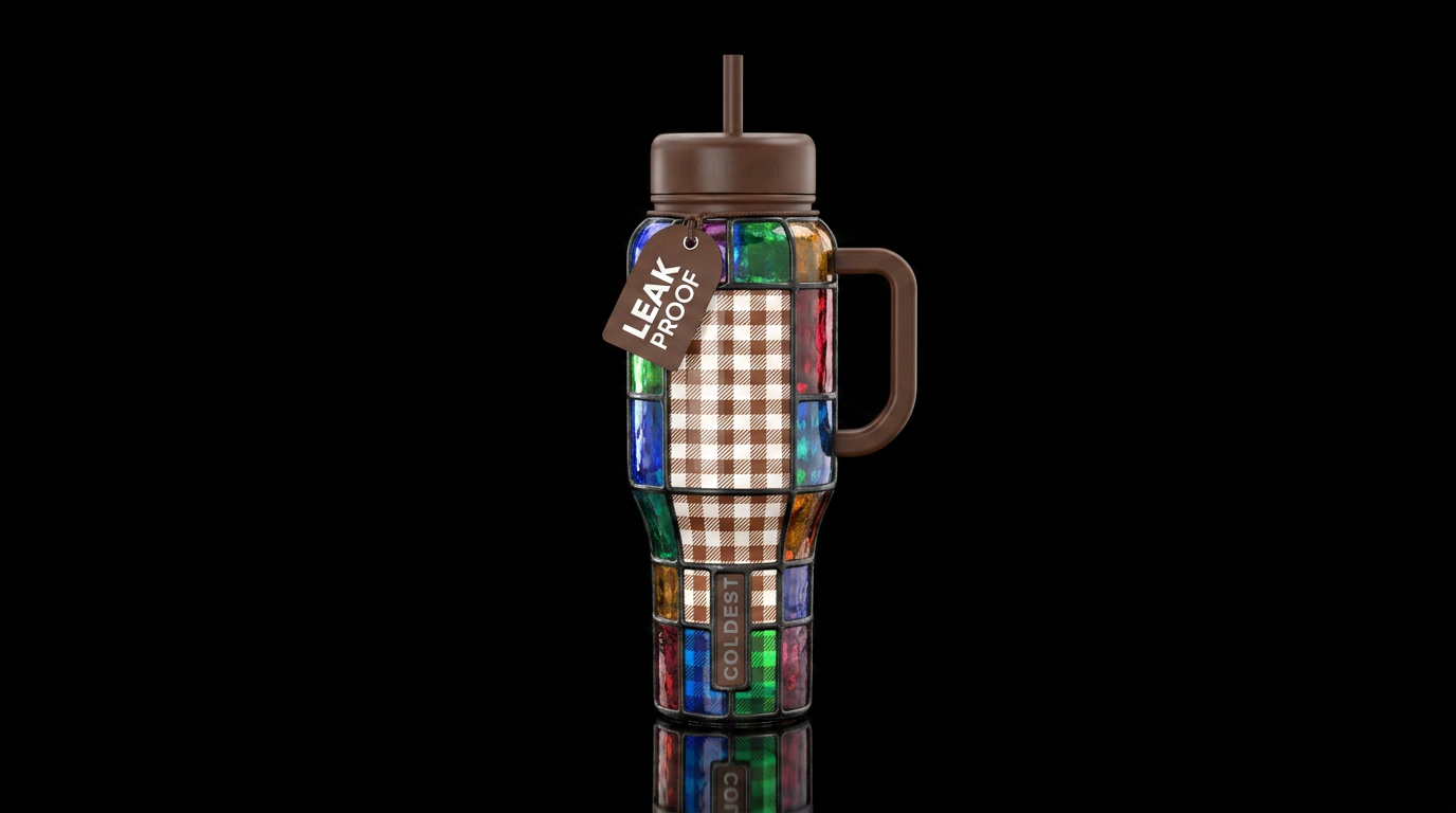Brown and white gingham, stained glass water bottle design