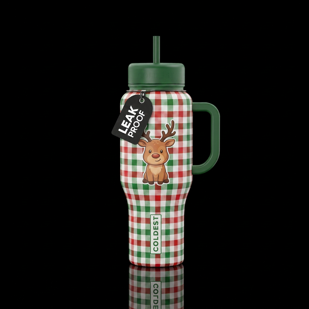 Green and red gingham with white background and a ... water bottle design