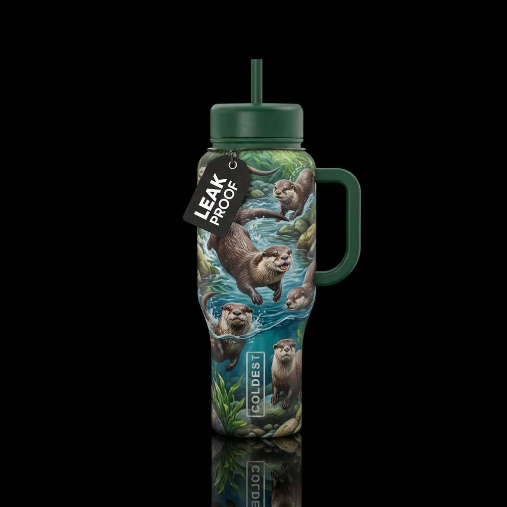 Multiple Real Otters playing in natural habitat water bottle design
