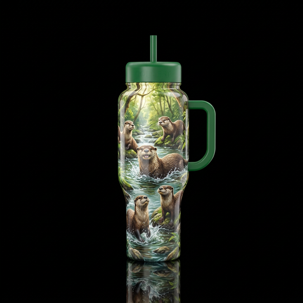 Multiple Real Otters playing in natural habitat. L... water bottle design