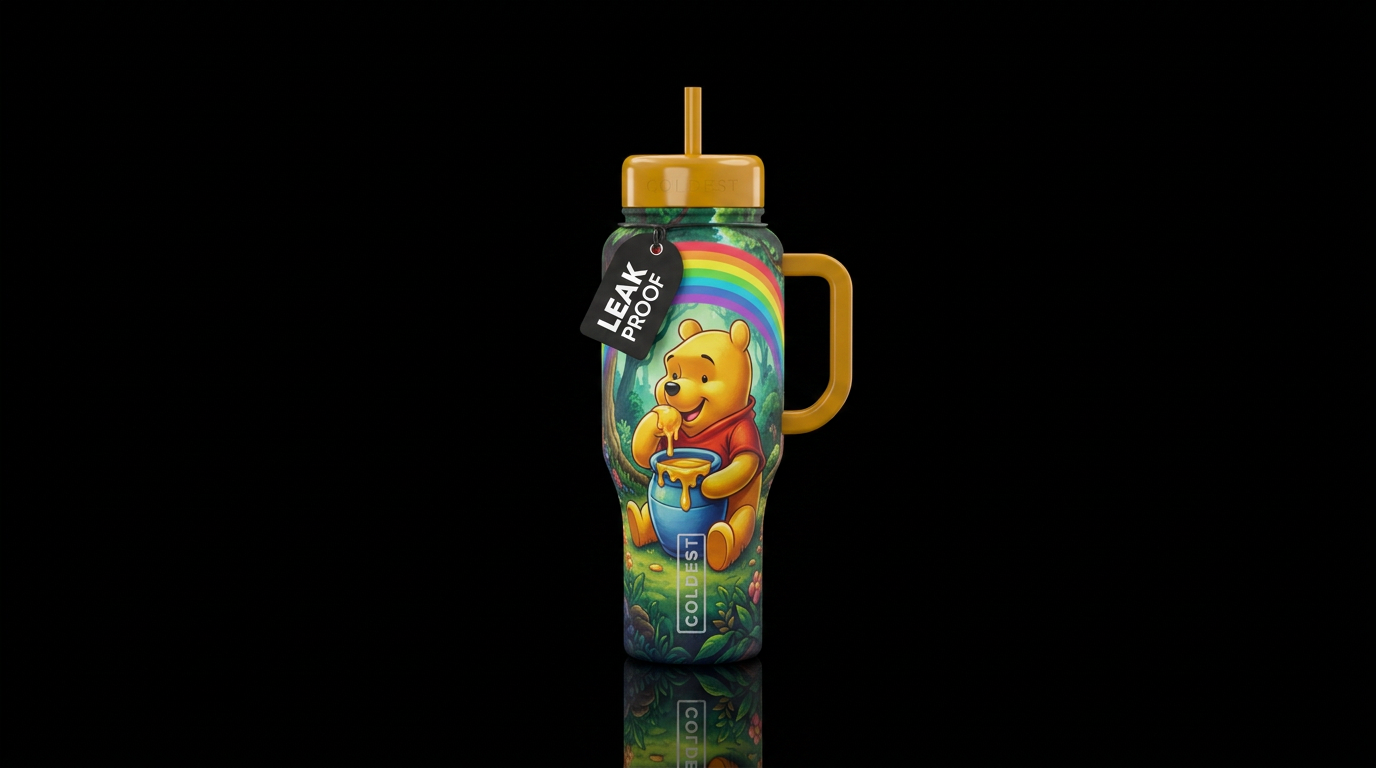 Winnie the Pooh eating honey out of a honey pot si... water bottle design