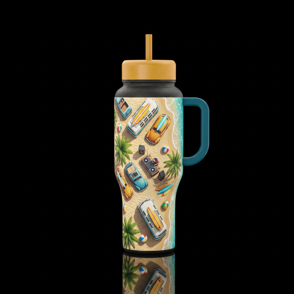 Top down Volkswagen at the beach with palm trees, ... water bottle design