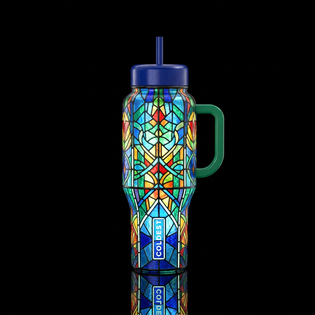 Stained glass with vibrant colors that glow in the... water bottle design