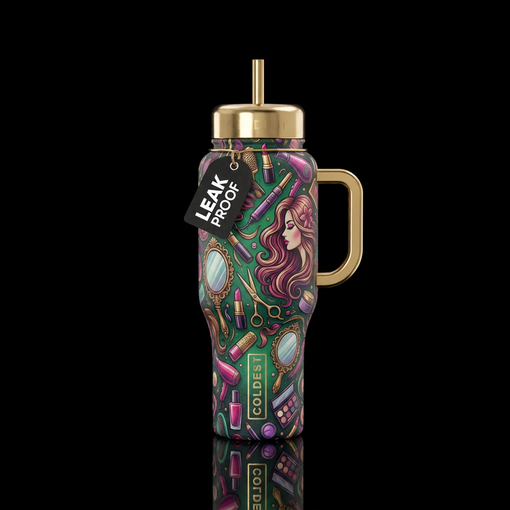 Beauty salon theme with vibrant colors. Shiny gold... water bottle design