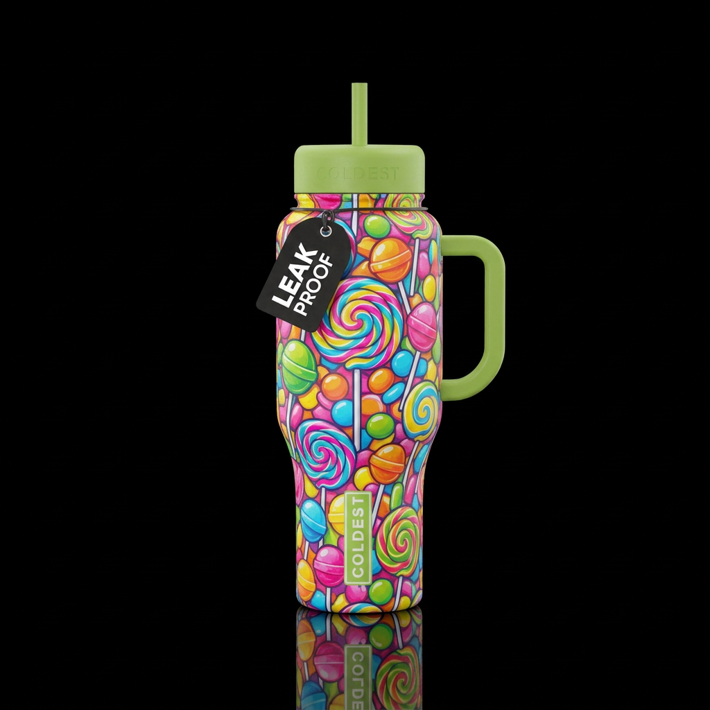 Different styles of lollipops and candy with brigh... water bottle design