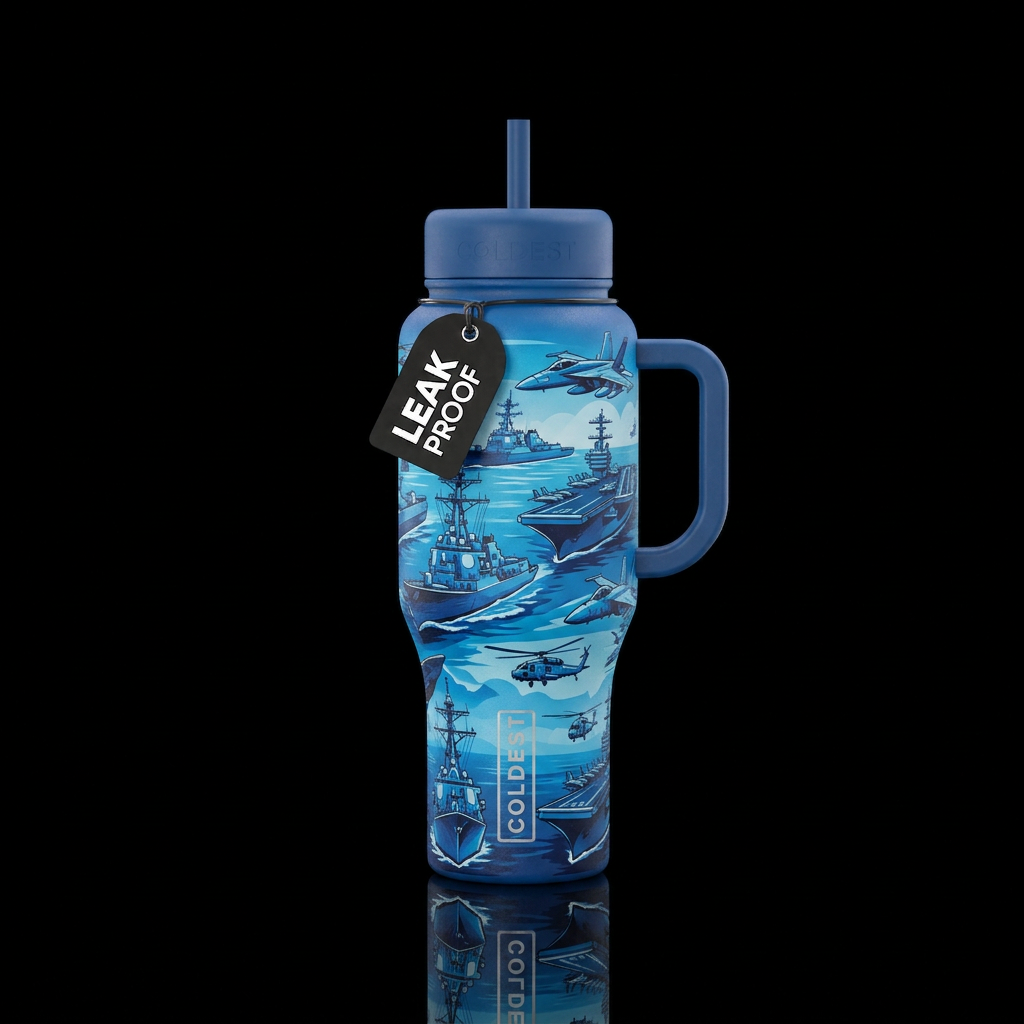 US Military ships and airplane theme with bright a... water bottle design