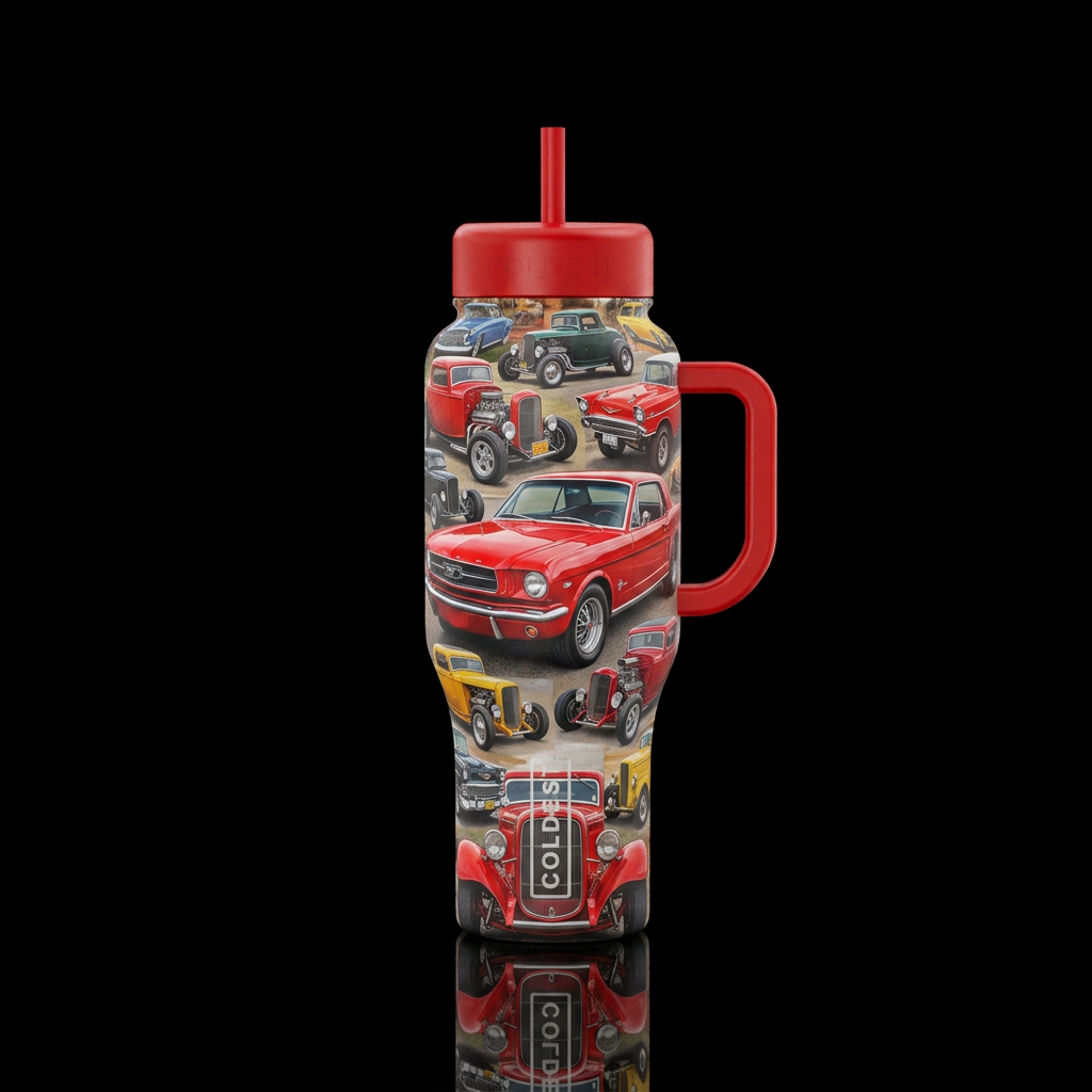 A staggered and unorganized images of hot rods thr... water bottle design
