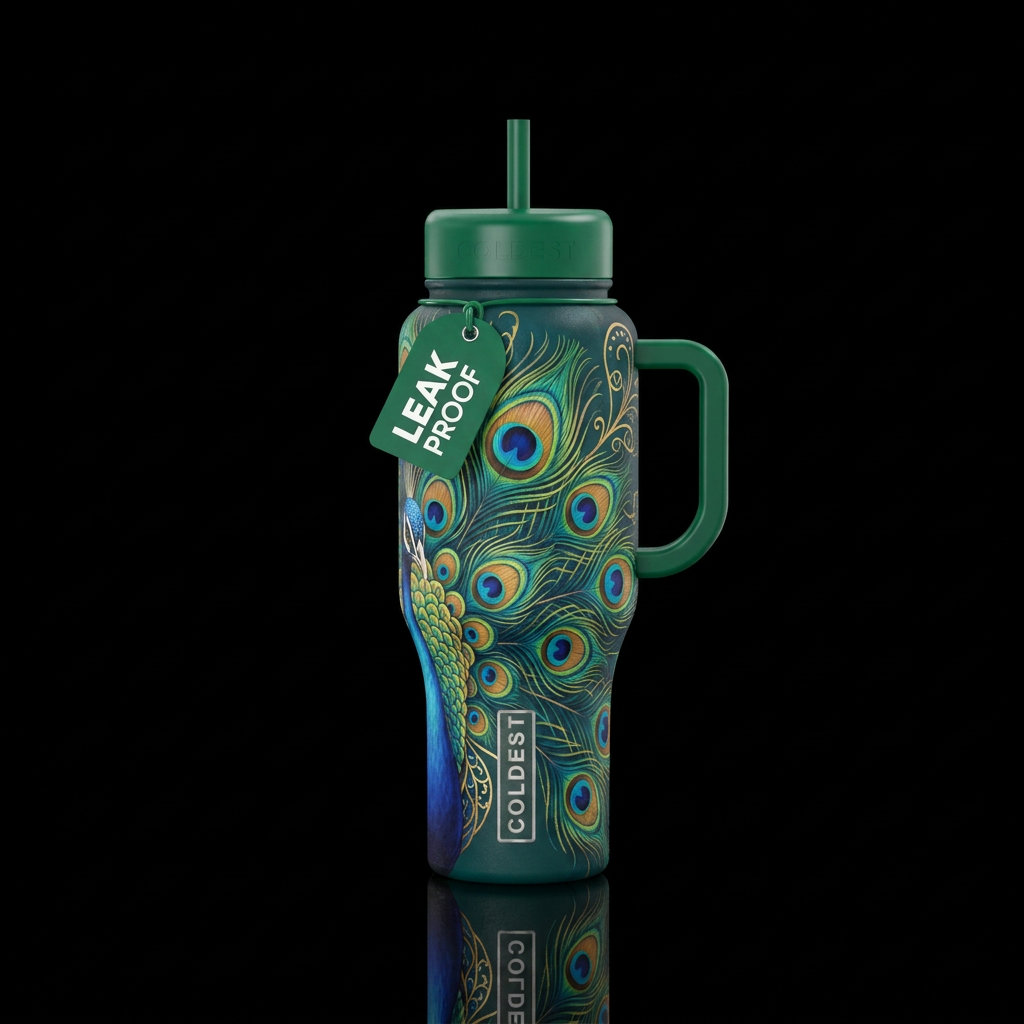 Peacock themed, emerald green handle and lid water bottle design