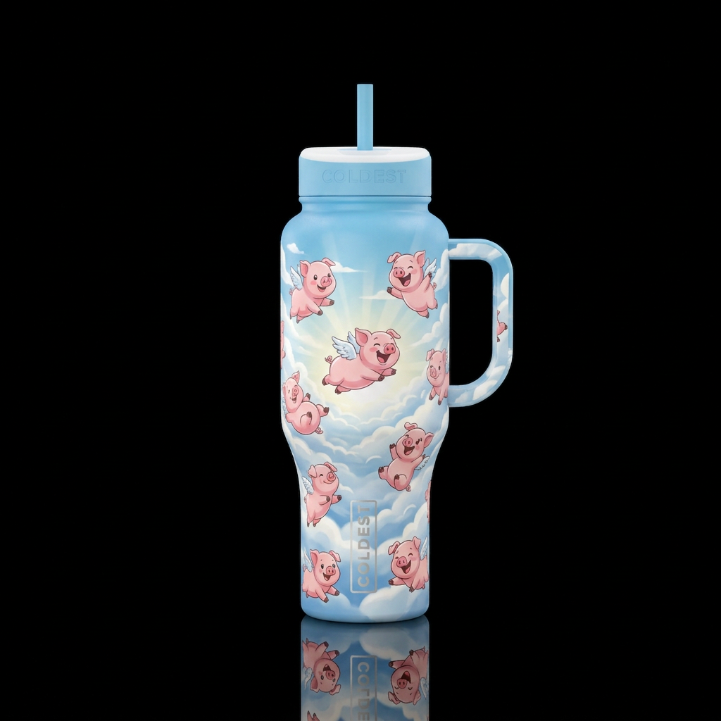 Heavenly skies pigs flying in different poses whil... water bottle design