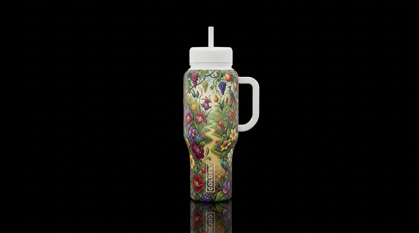 Garden of Eden with vibrant colors, white handle a... water bottle design