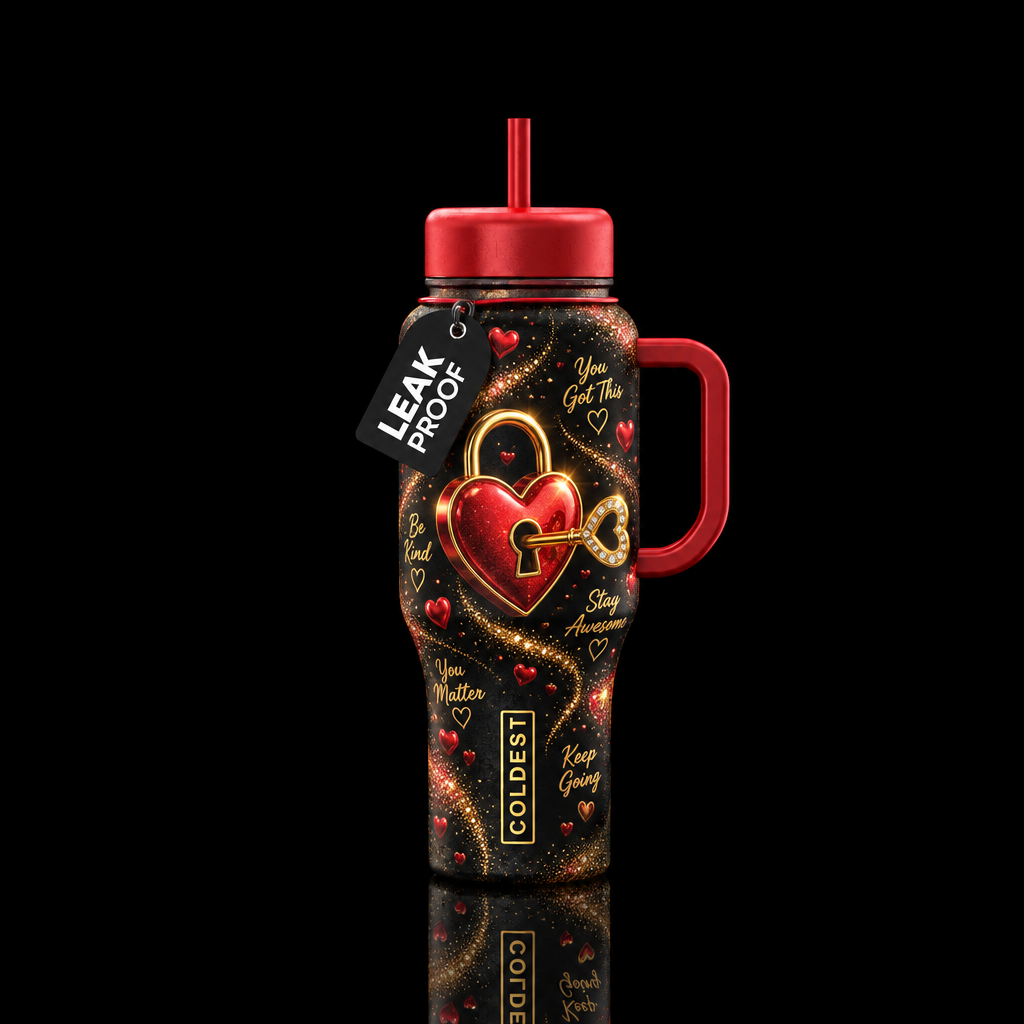 Black bottle, handle and lid, Red heart with a loc... water bottle design