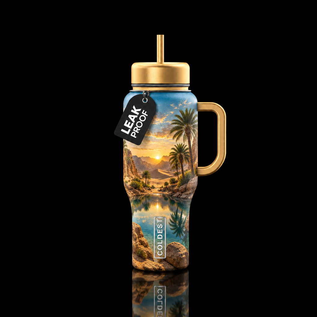 Desert oasis with golden lid and handle water bottle design