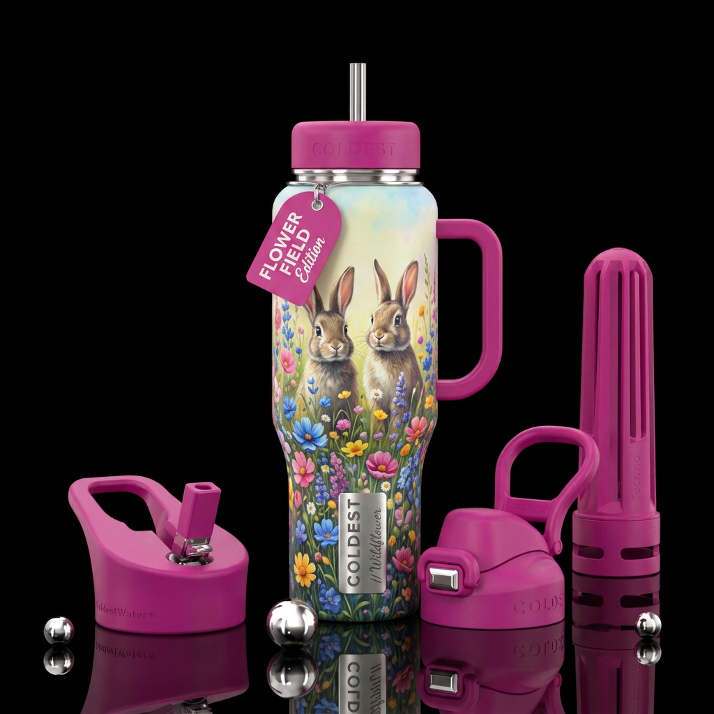 Field of flowers, 2 bunnies standing in the middle water bottle design