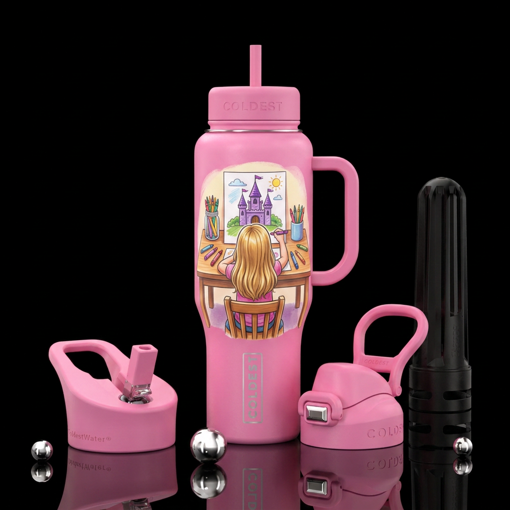 Pink bottle, Back of girl sitting at a table, long... water bottle design