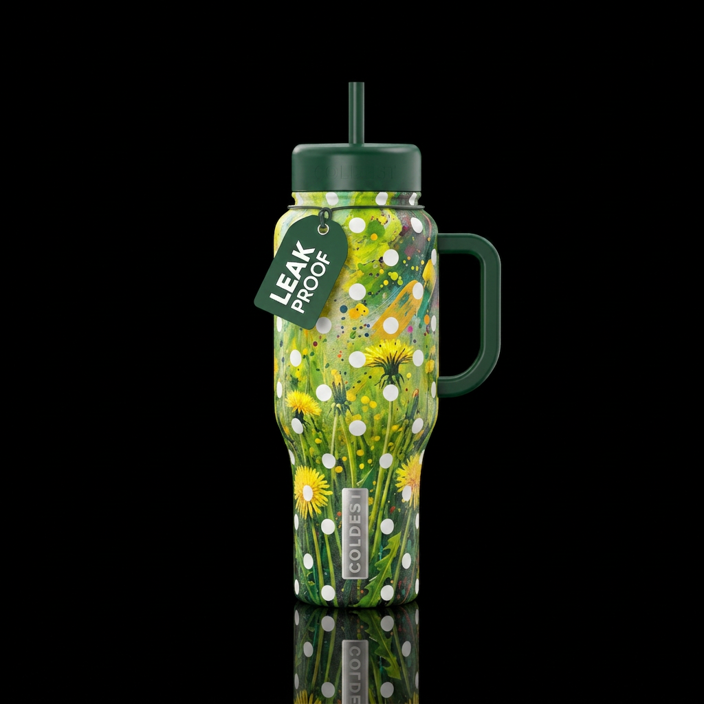 White polka dots and dandilions water bottle design