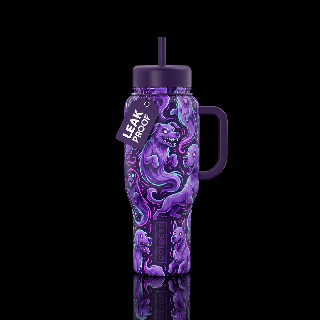 Purple ghost dog water bottle design