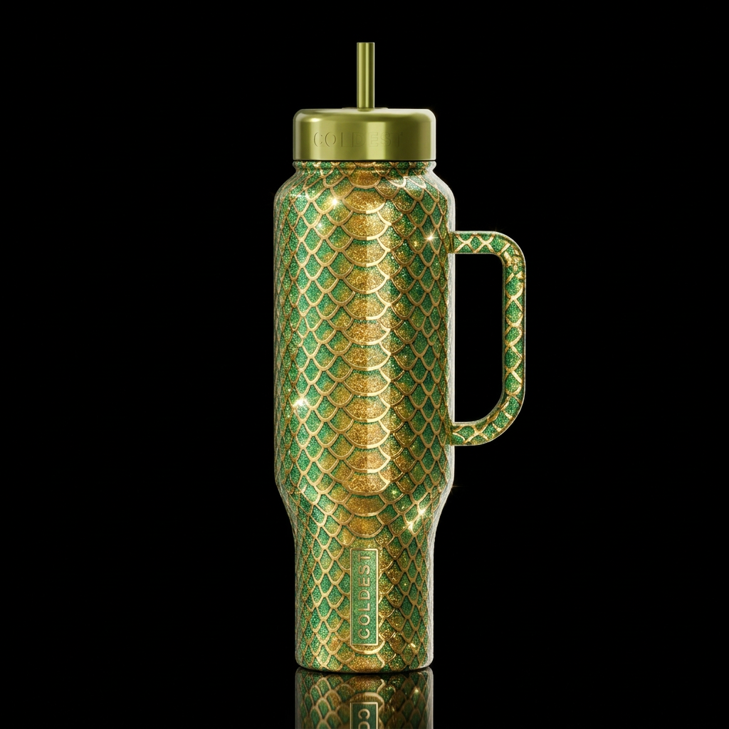 snake pattern print golden and green tones photore... water bottle design