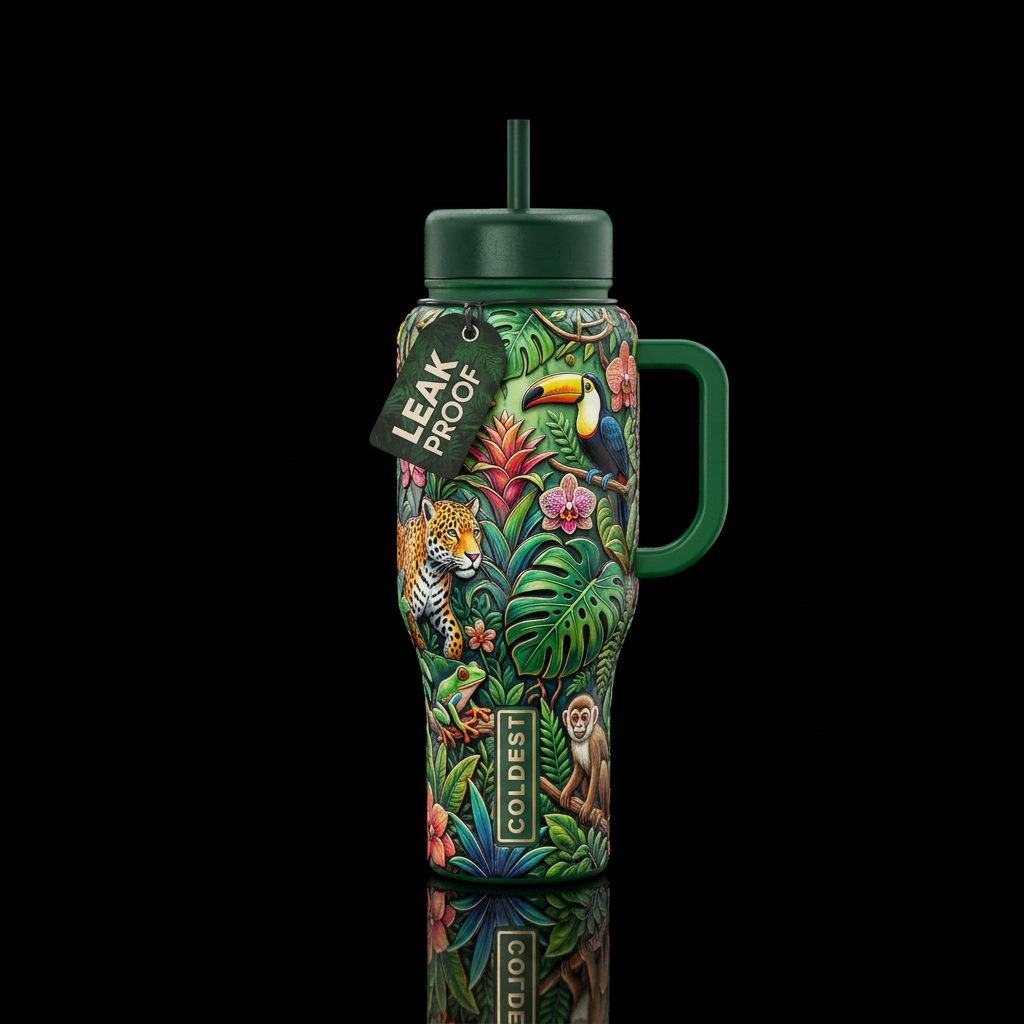 All different floral and fauna of the jungle, text... water bottle design