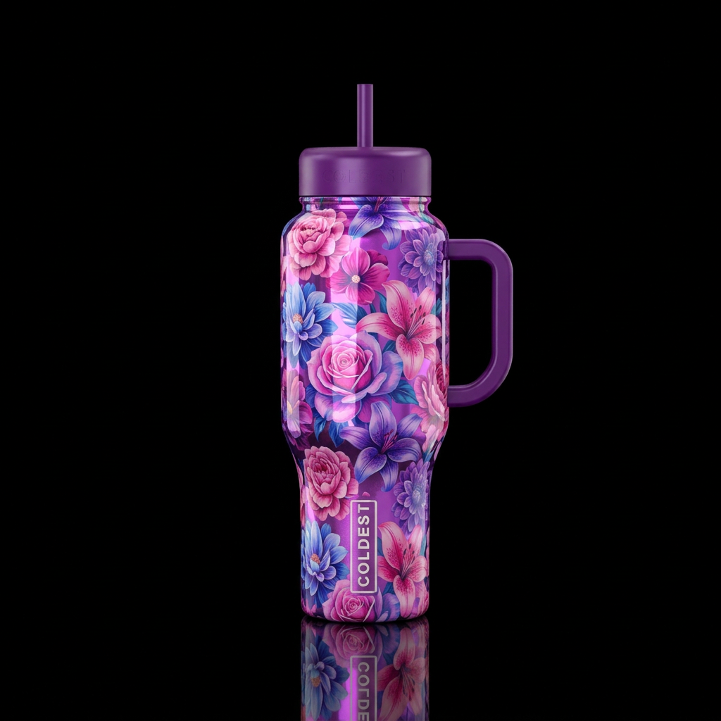 Cover entire bottle in bloomsAcid purple glossy me... water bottle design