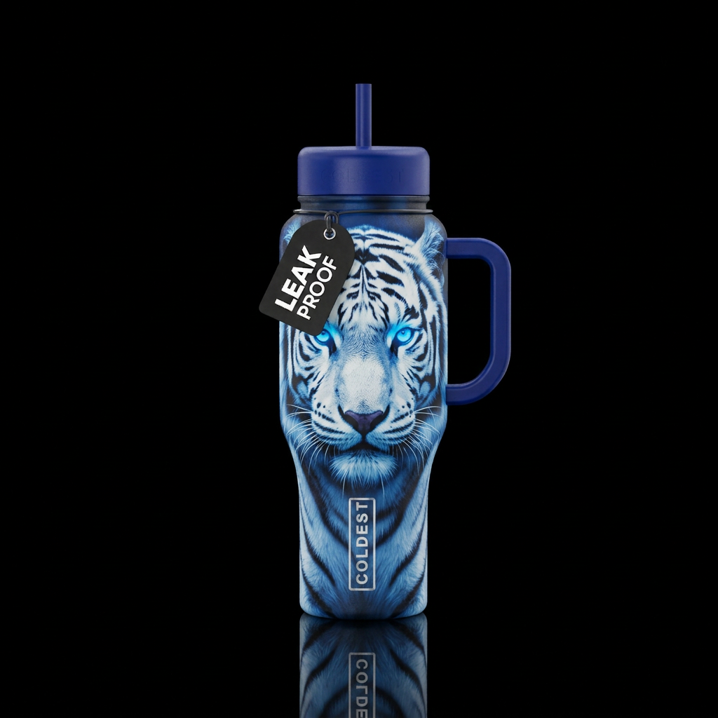 White tiger glowing blue eyes water bottle design