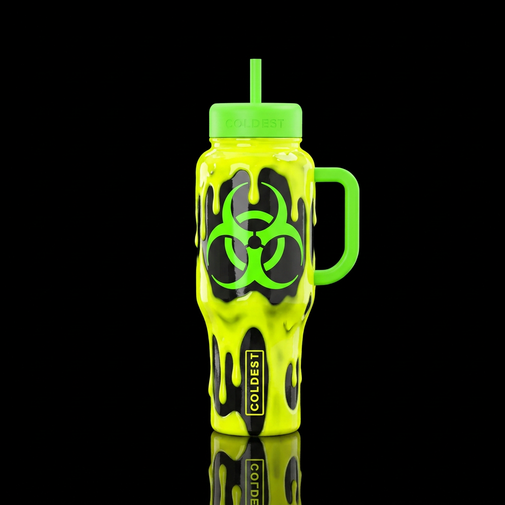 super glossy neon yellow slime on black bottle wit... water bottle design