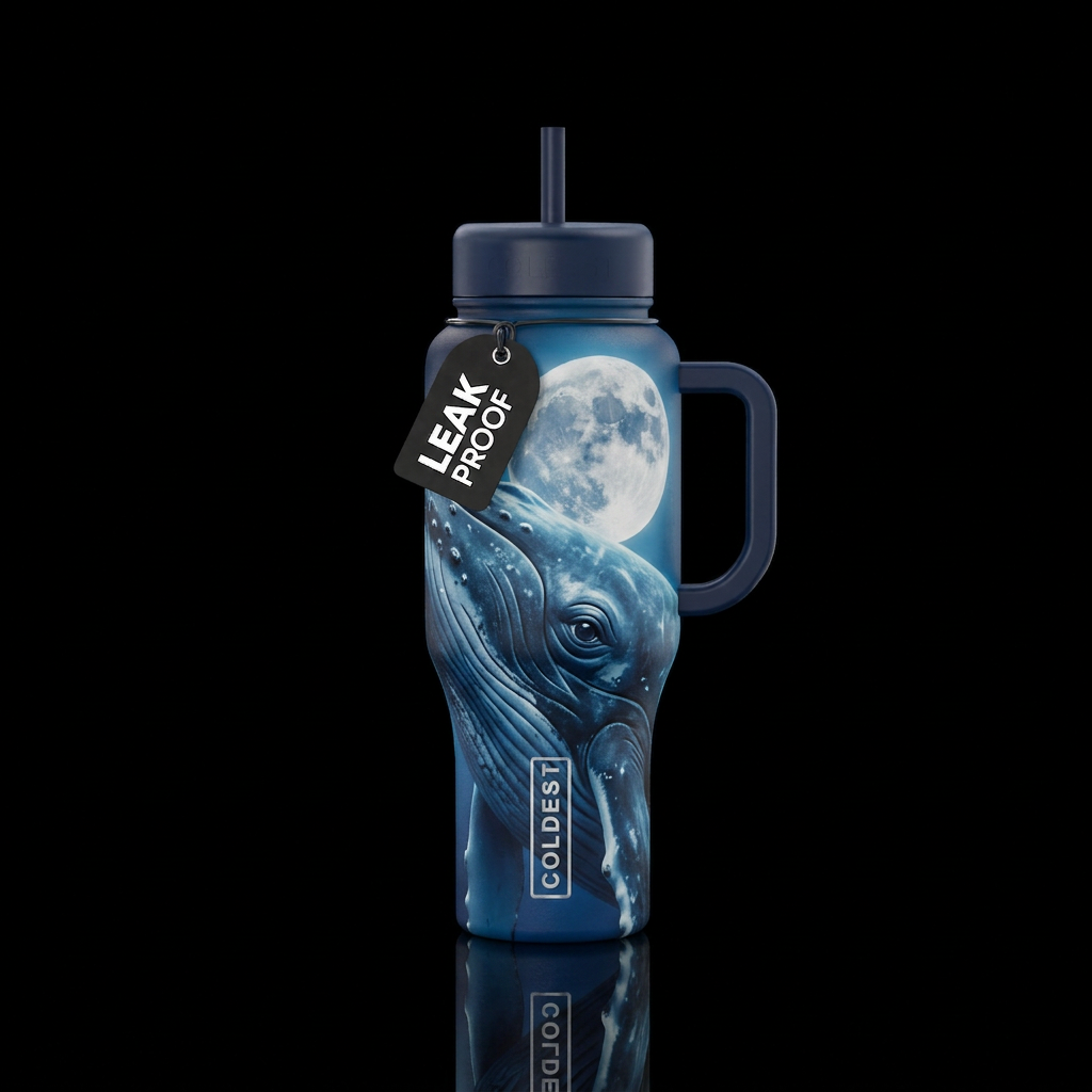 Humpback whale close-up of face in the ocean as he... water bottle design