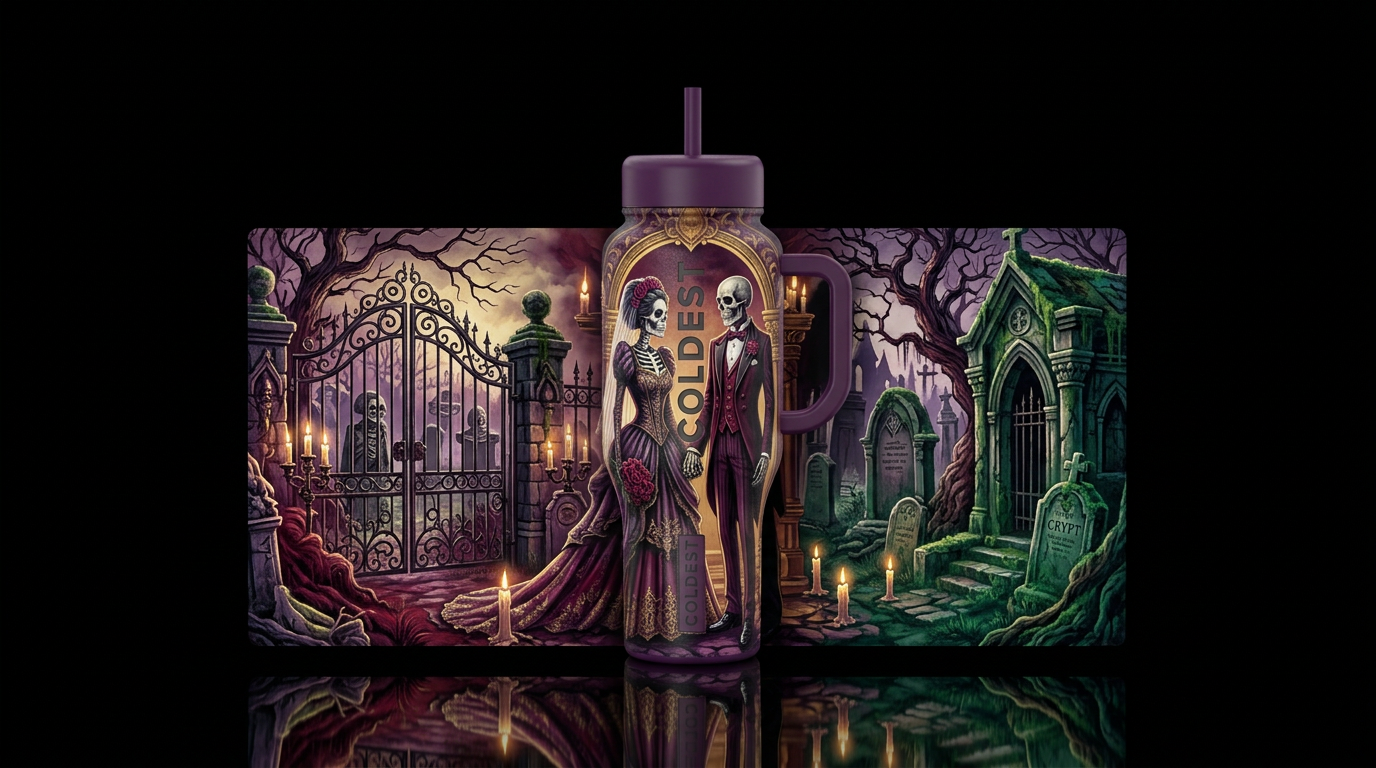 Gothic skeleton wedding in a cemetery water bottle design