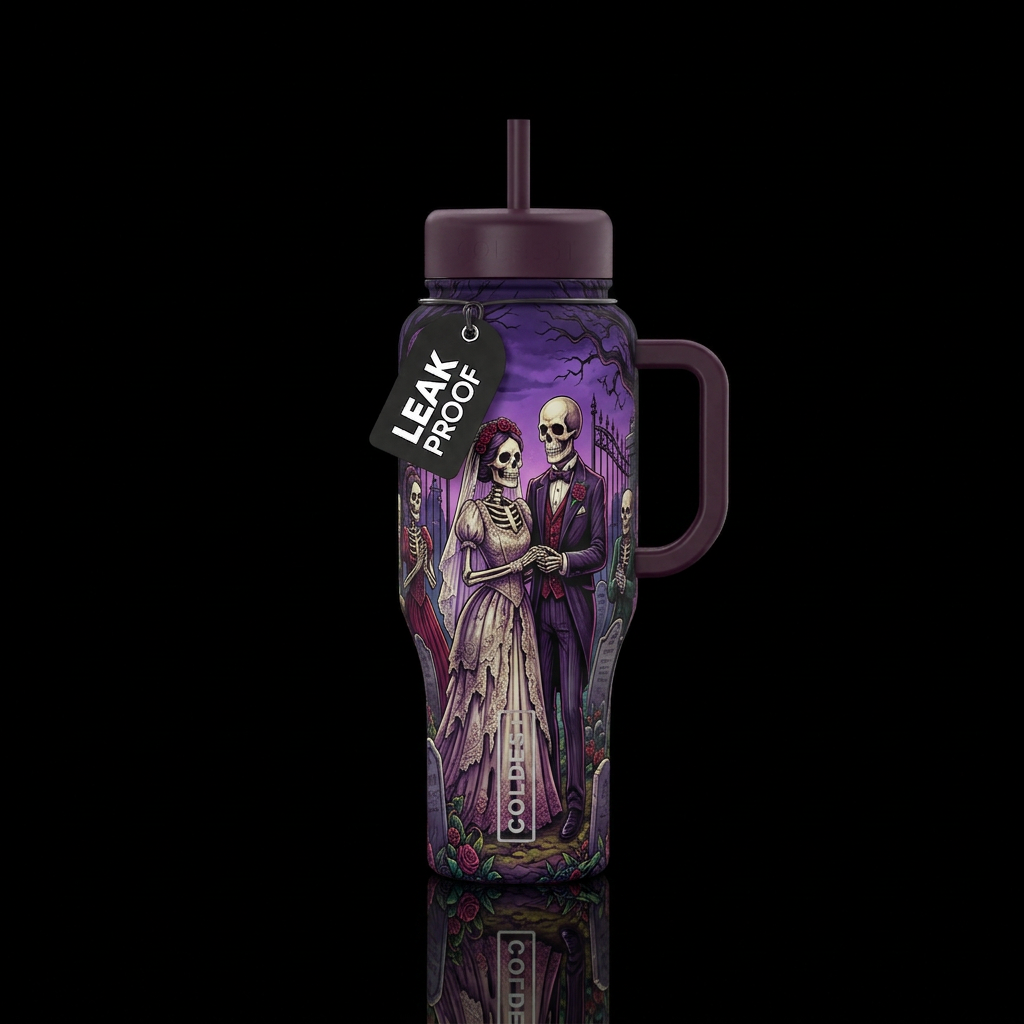 Gothic skeleton wedding in a cemetery water bottle design