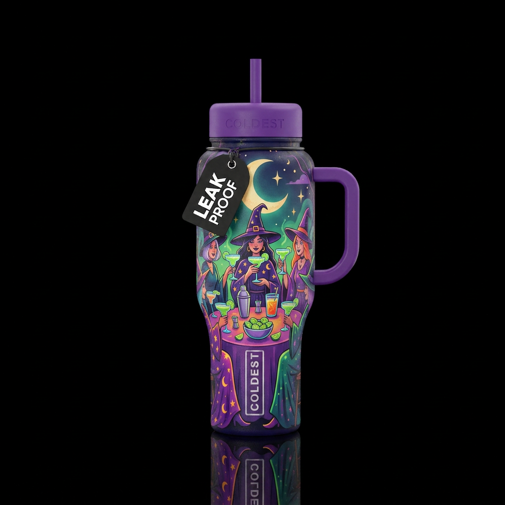 Group of witches having midnight margaritas, playf... water bottle design