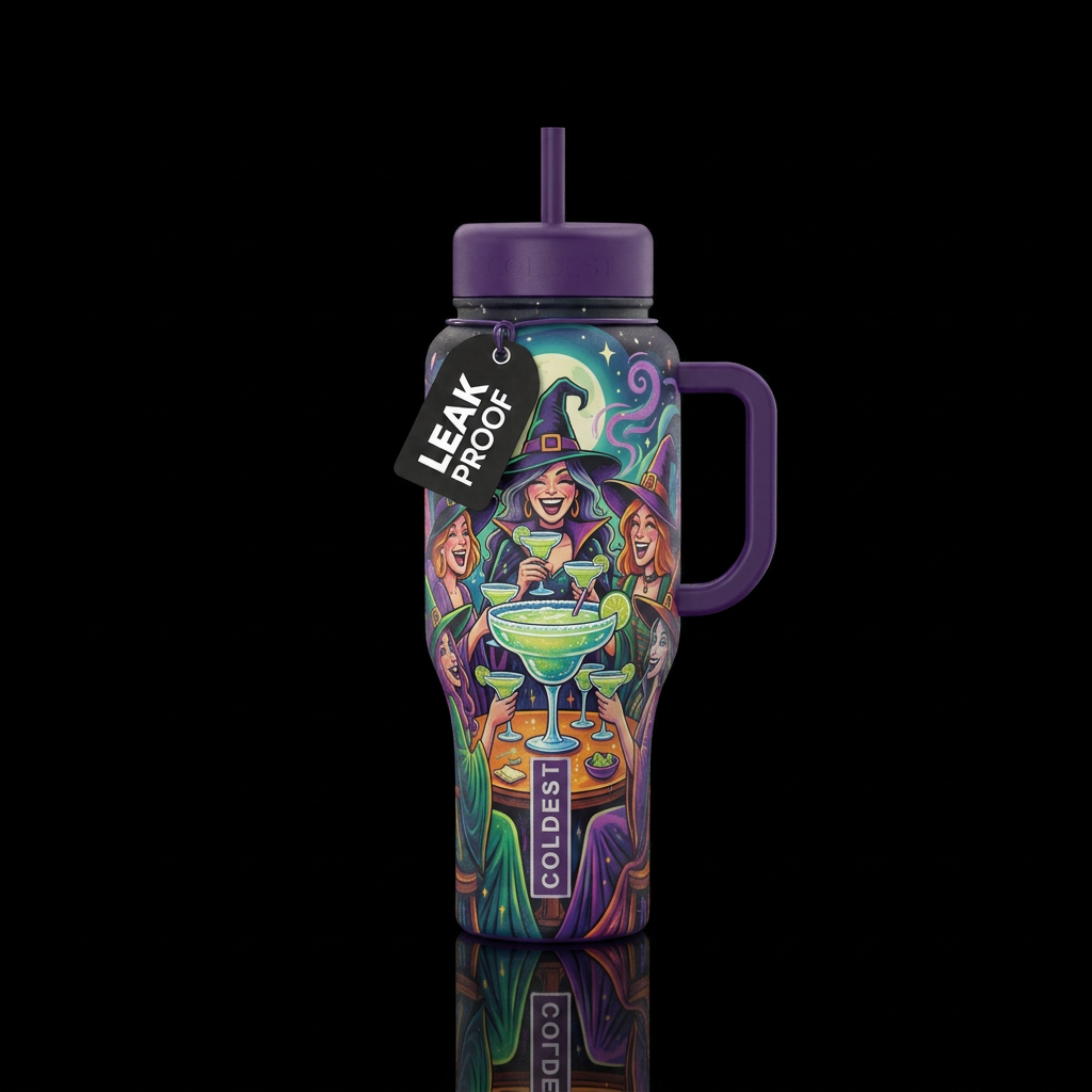 Group of witches having midnight margaritas, playf... water bottle design