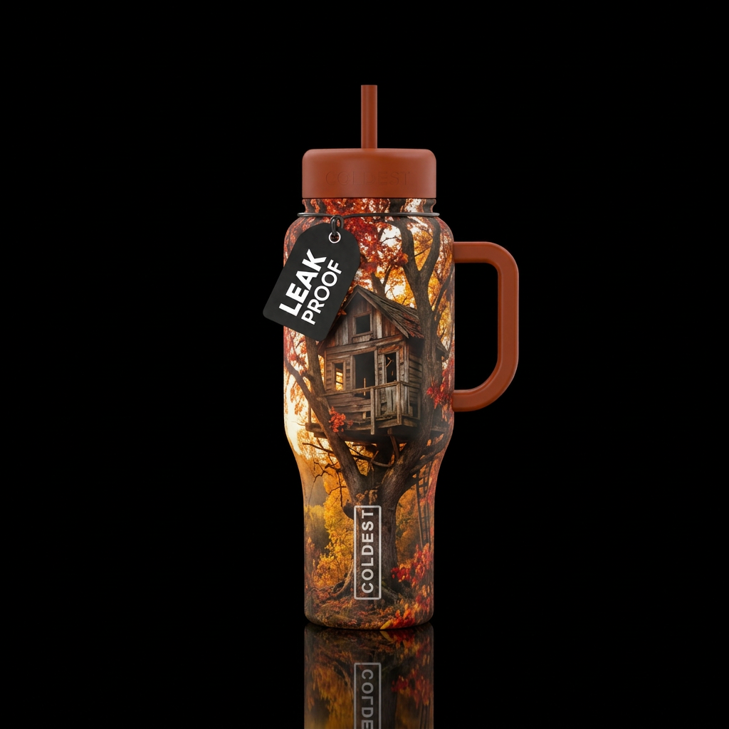 Dilapidated treehouse in autumn at the golden hour water bottle design