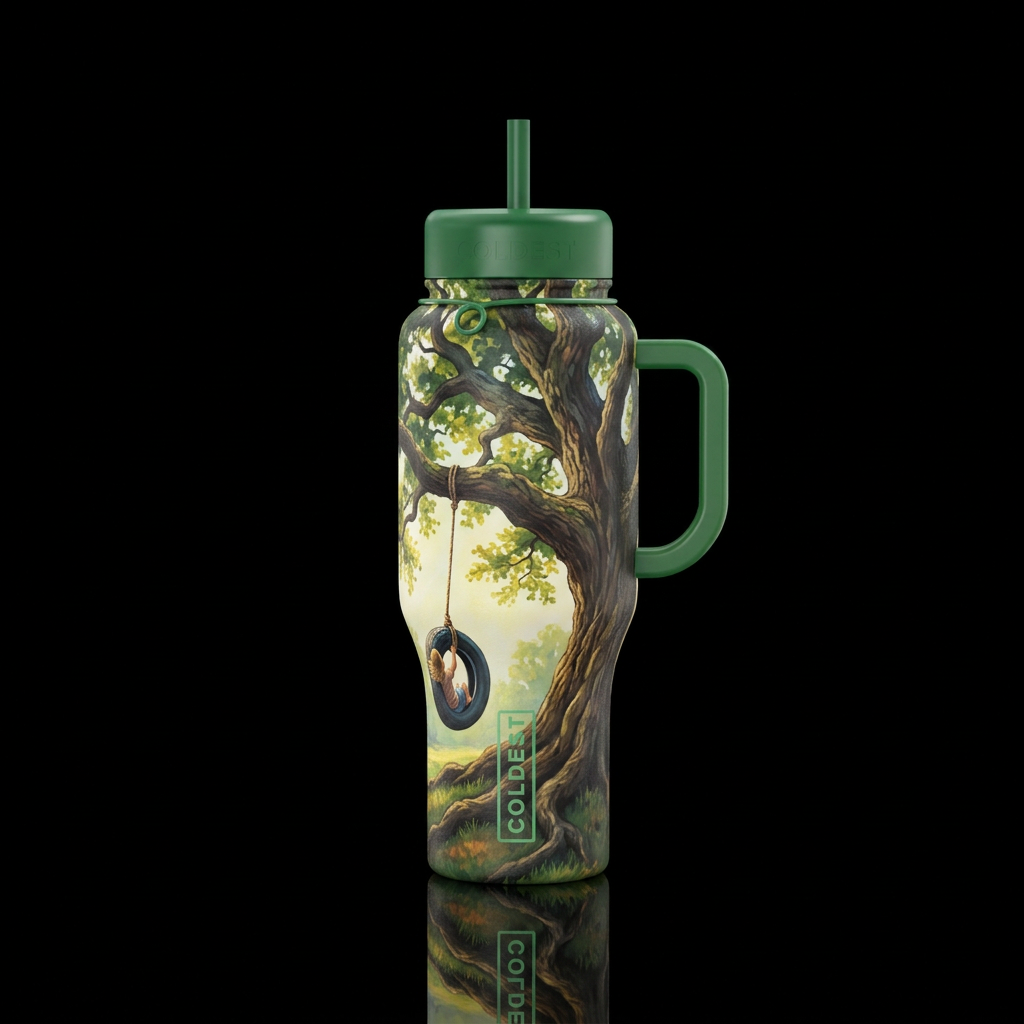 Old-fashioned tire swing on a big oak tree, happy ... water bottle design