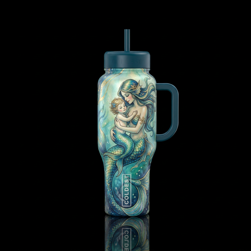 magical, vintage, mermaid mother and child,, artis... water bottle design