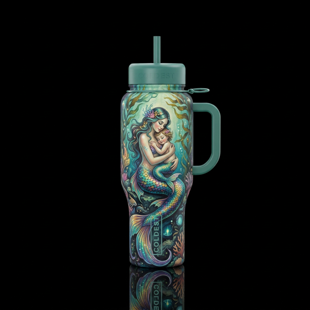 magical, vintage, mermaid mother and child,, artis... water bottle design
