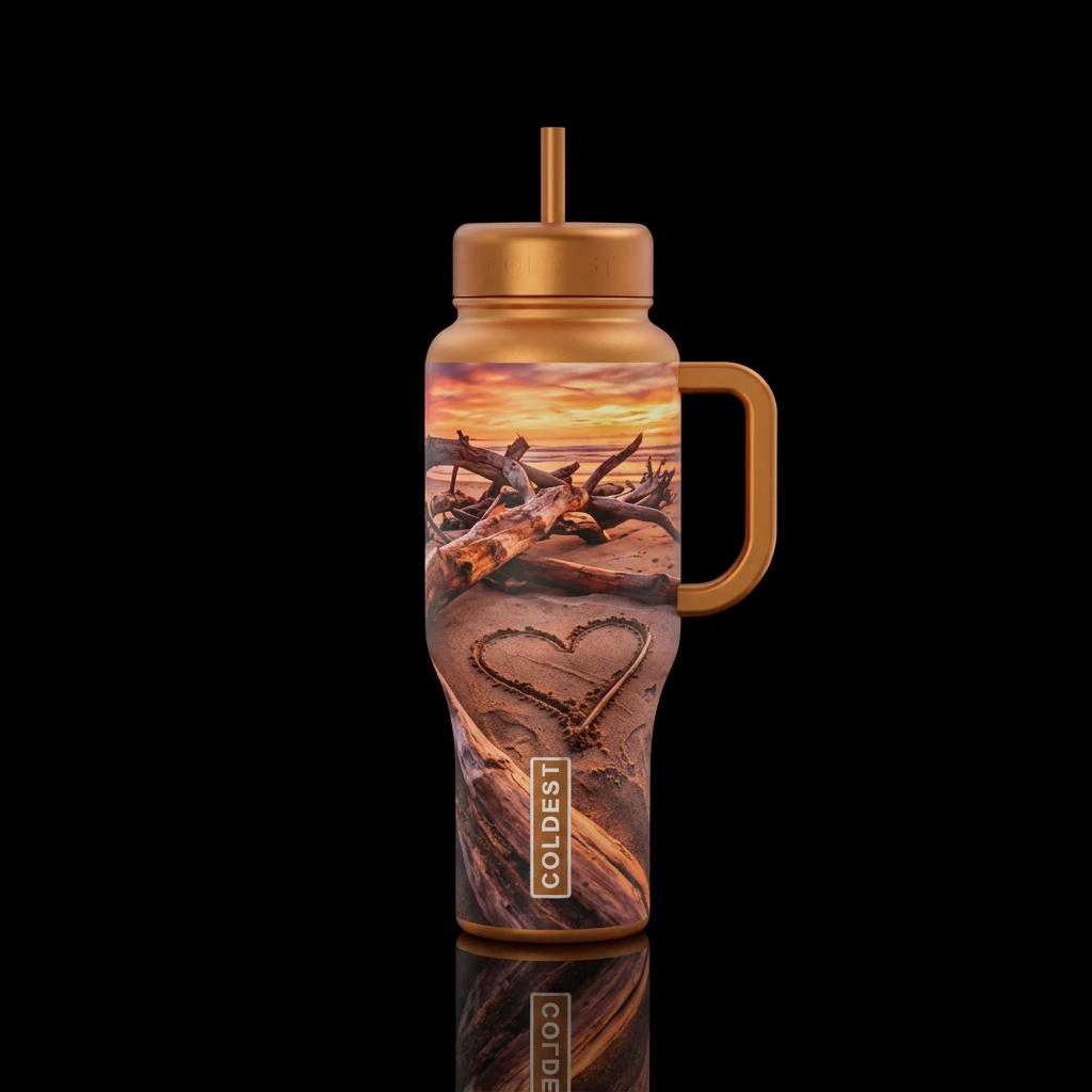 beautiful driftwood on the beach with a heart draw... water bottle design