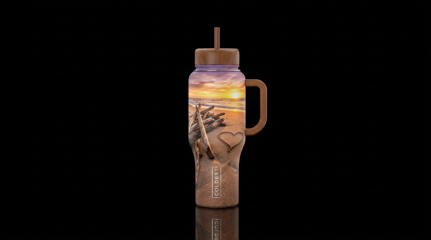 beautiful driftwood on the beach with a heart draw... water bottle design
