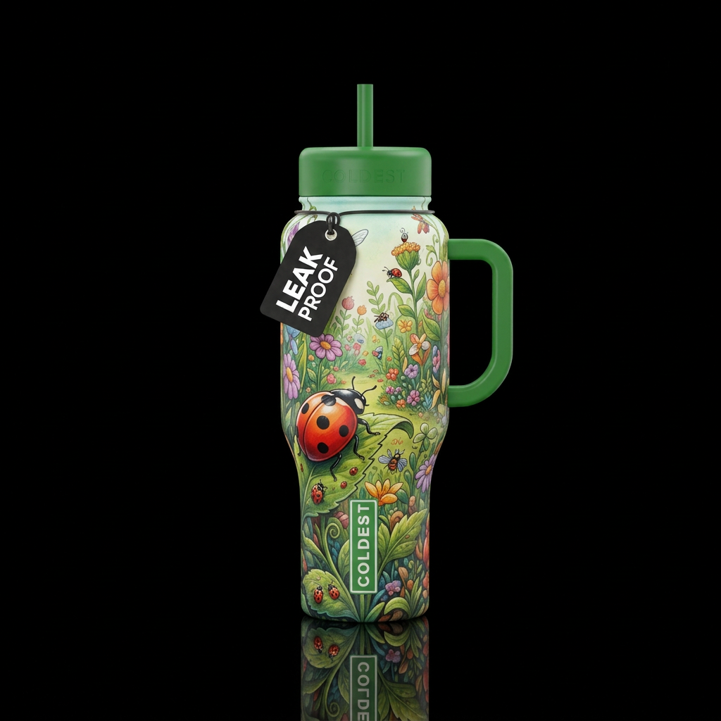 point of view from a ladybug perched on a plant ov... water bottle design