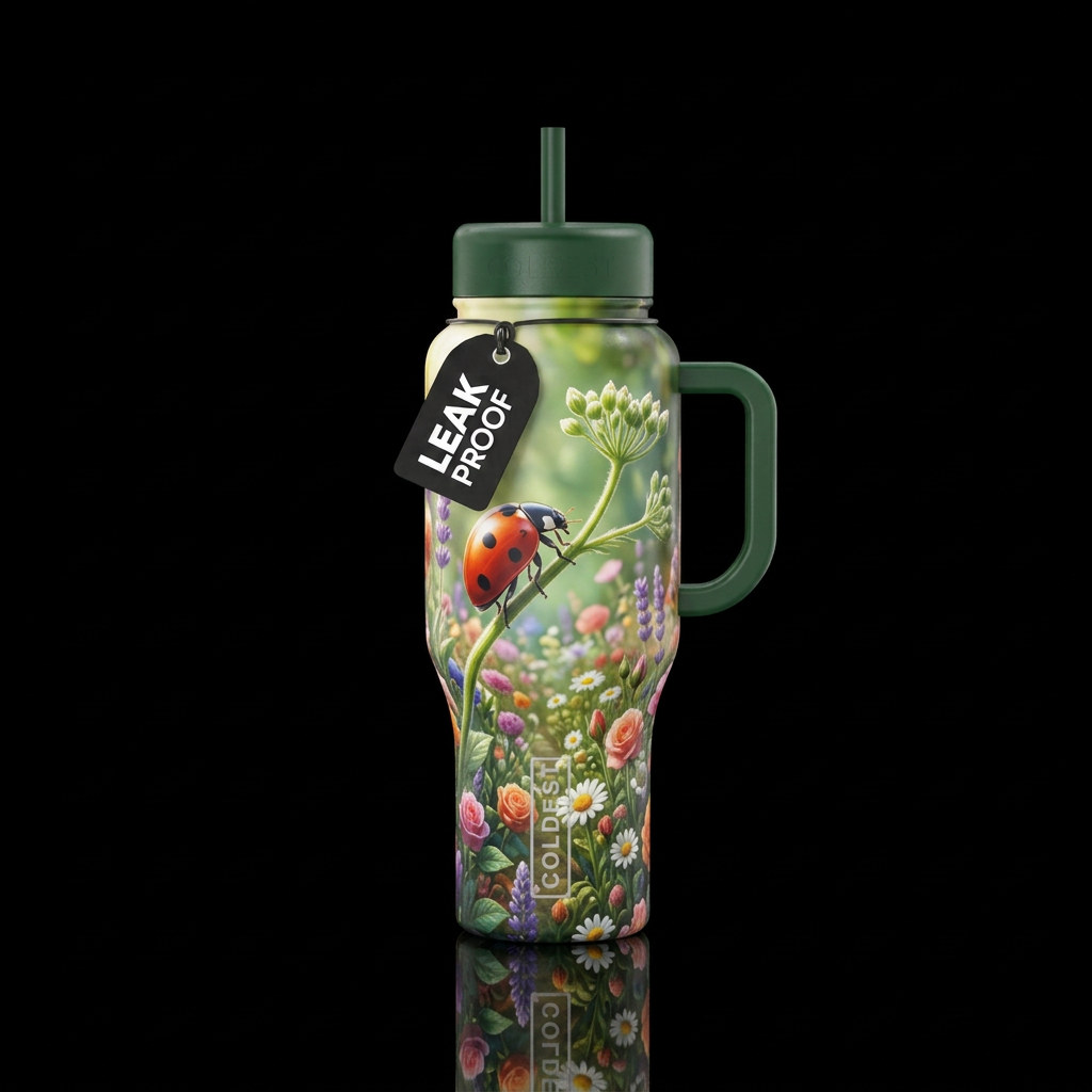 point of view from a ladybug perched on a plant ov... water bottle design