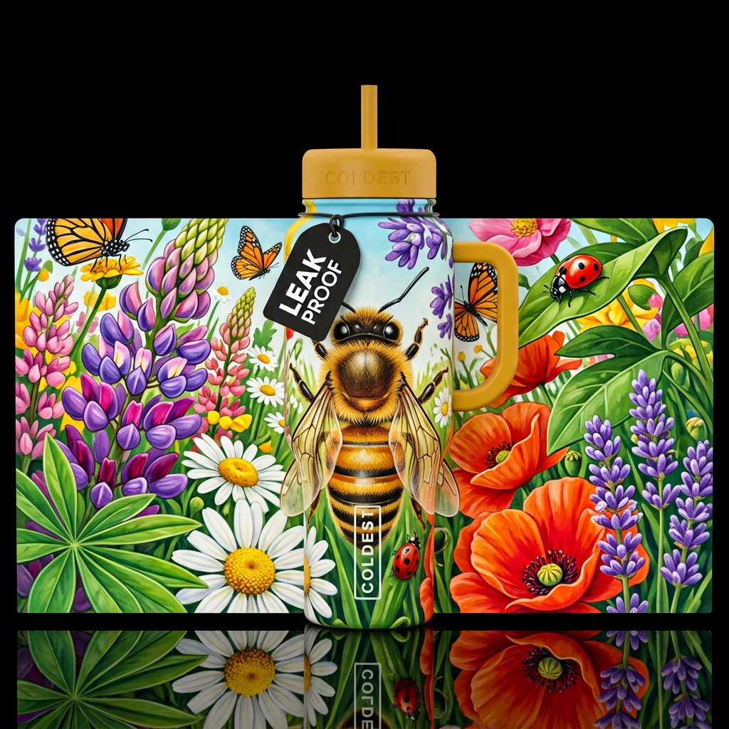 point of view from a honeybee flying through a flo... water bottle design