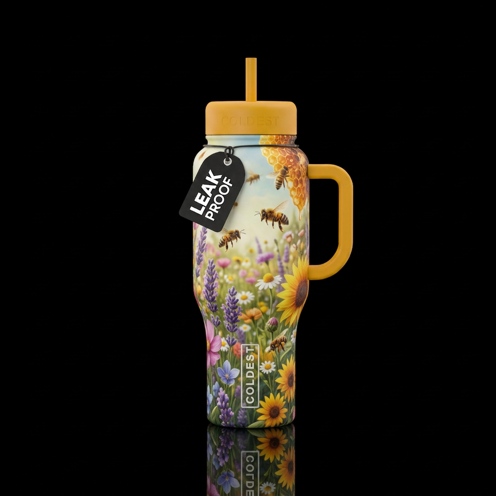 point of view from a honeybee flying through a flo... water bottle design