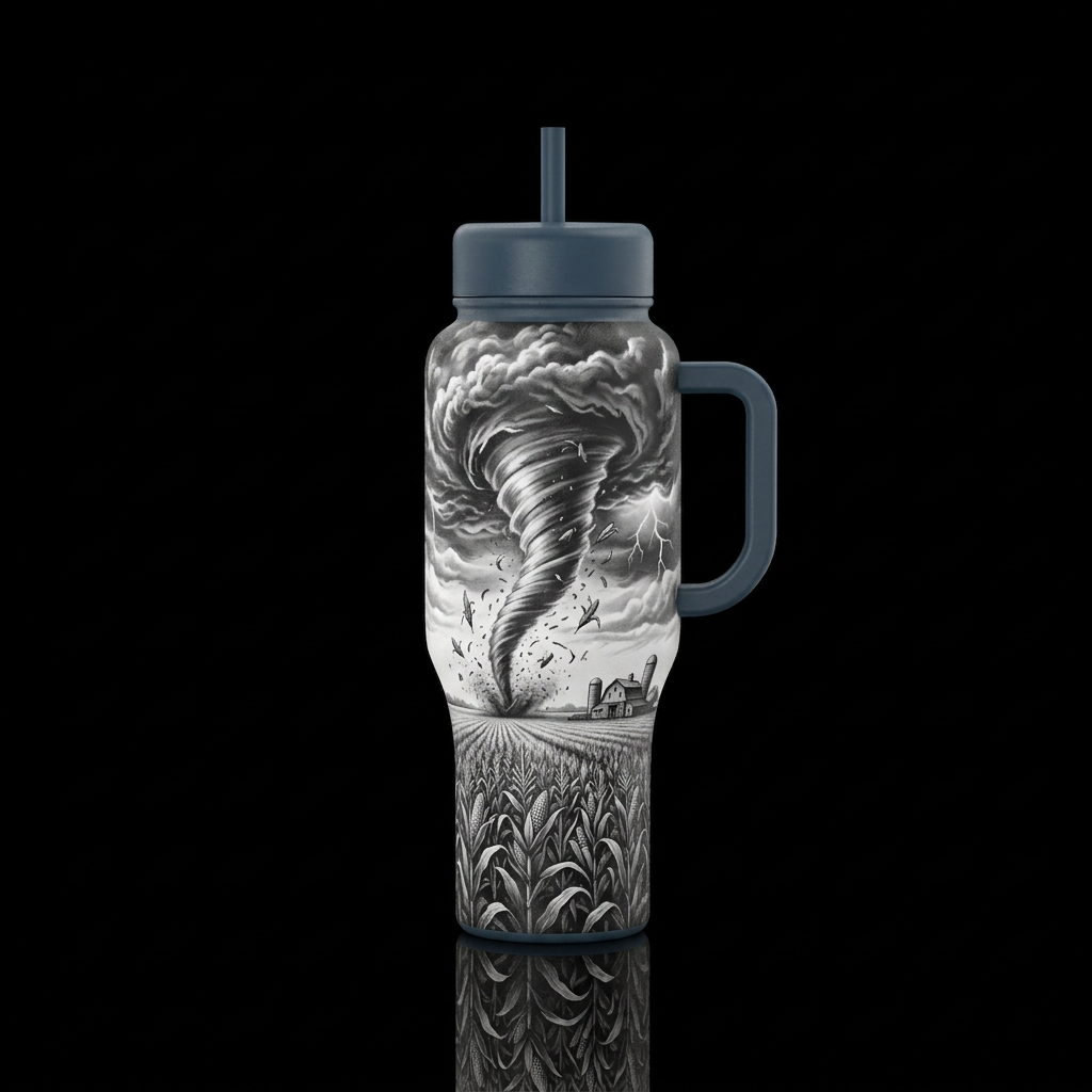 black and white, stormy sky with stormclouds, torn... water bottle design