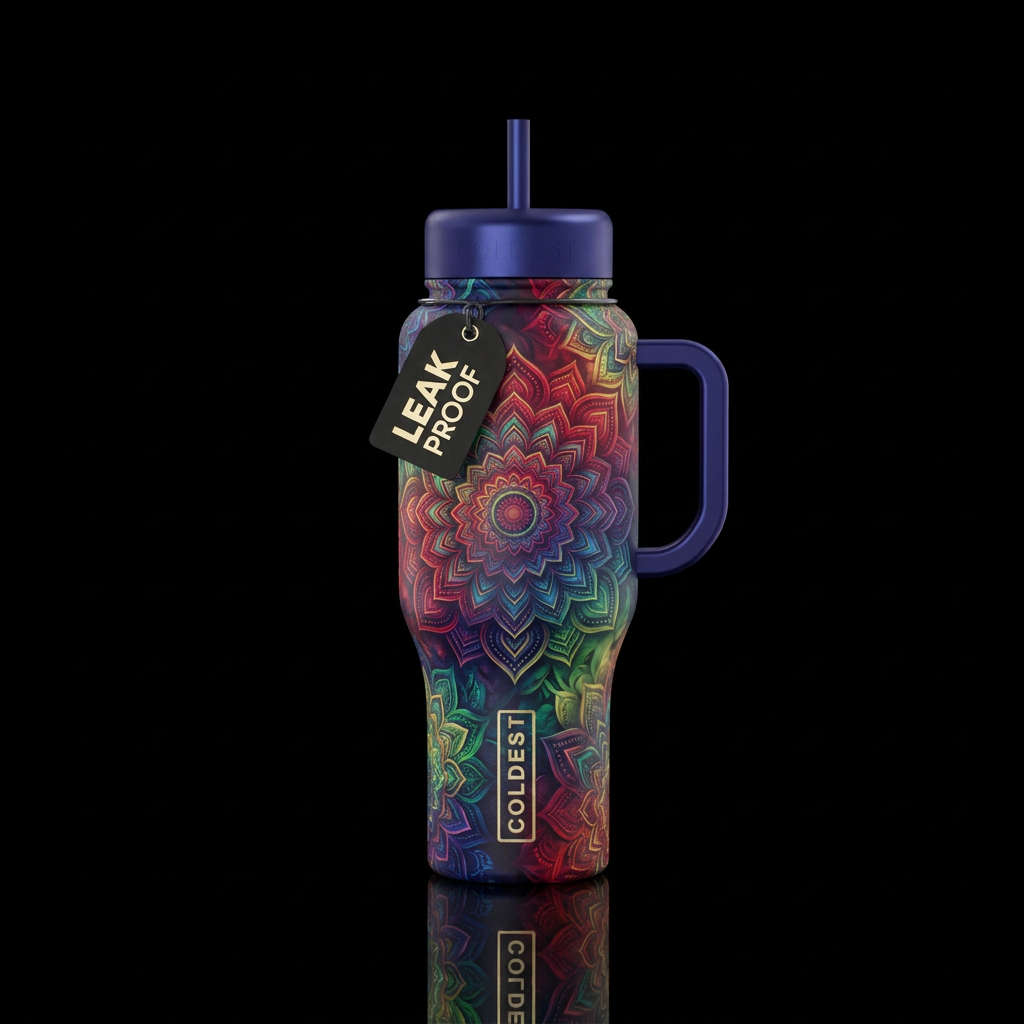 jewel tones, mandala, vibrant, magical water bottle design