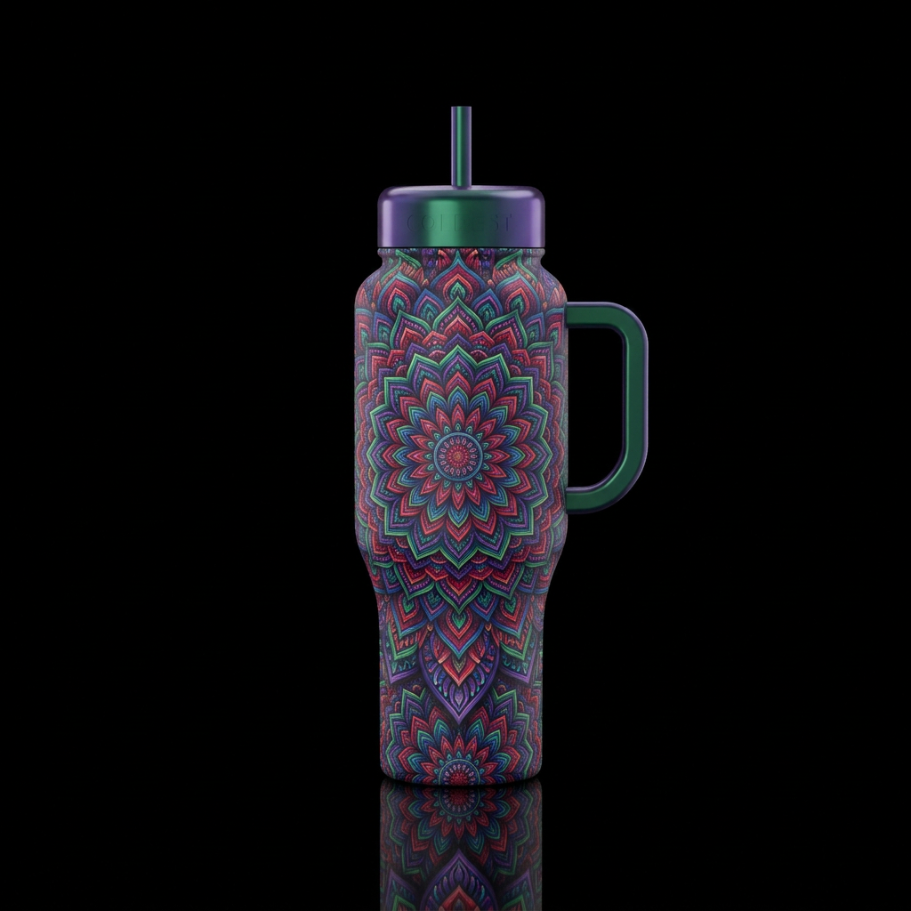 jewel tones, mandala, vibrant, magical water bottle design