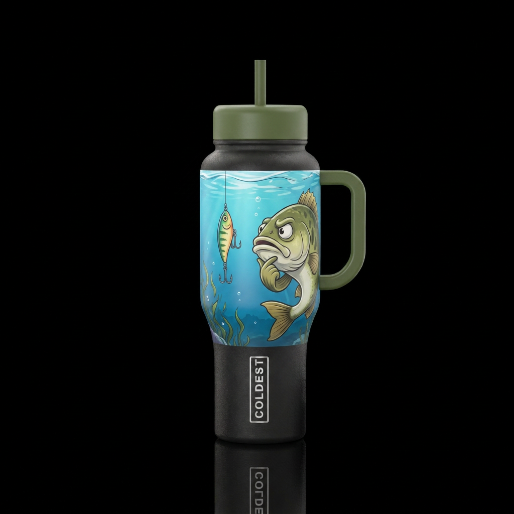 Fishing lure underwater with fish trying to decide... water bottle design