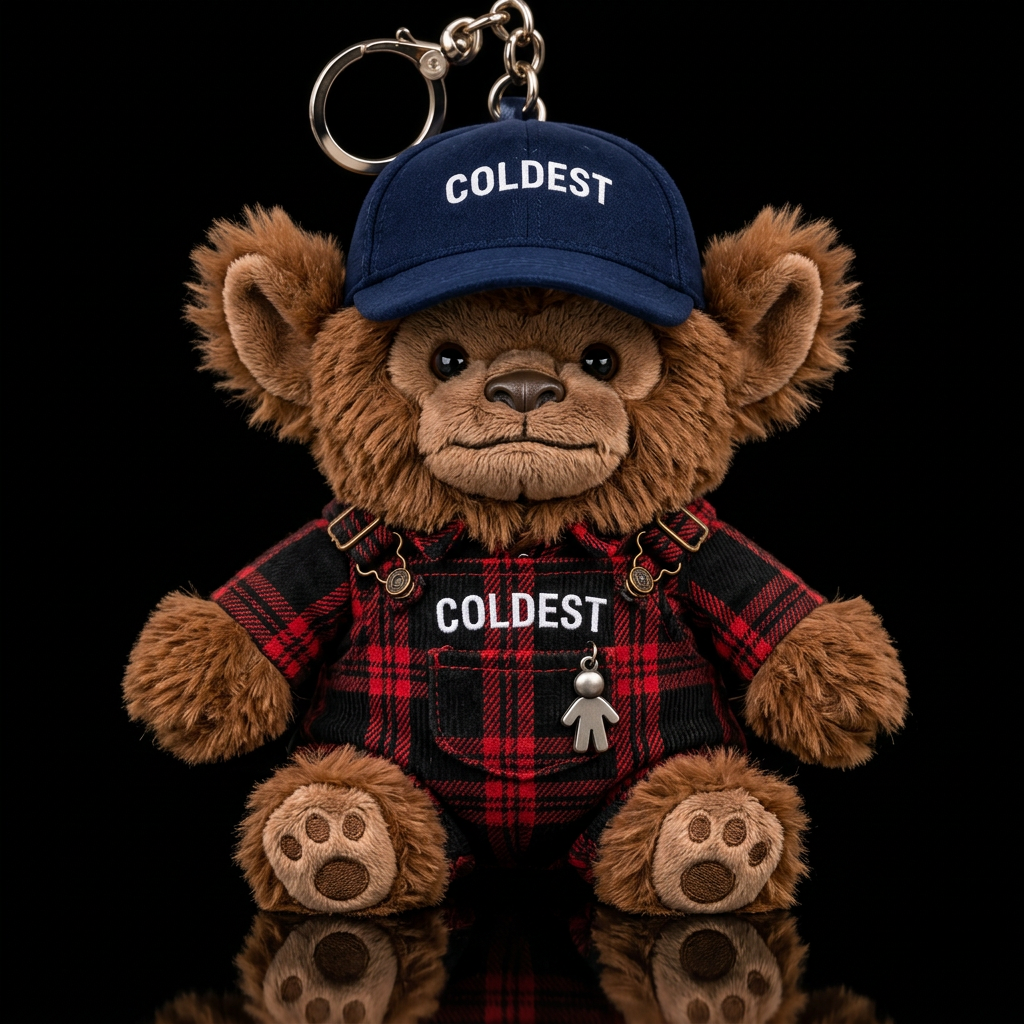 brown yeti, black and red plaid shirt and overalls... water bottle design