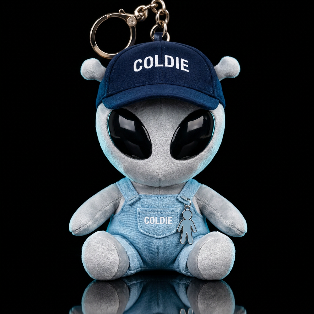 silver alien with huge black eyes, ice blue overal... water bottle design