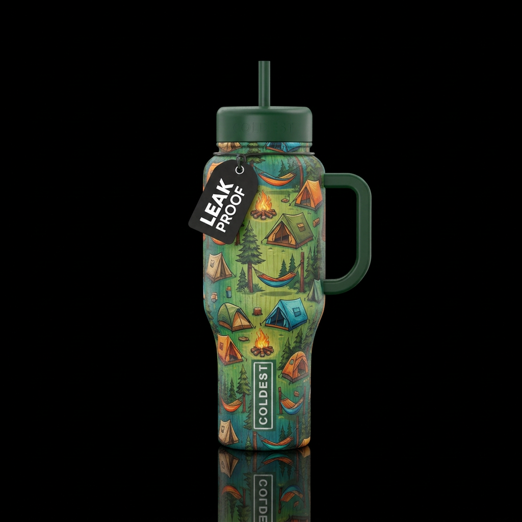 multiple tents, campfires, hammocks between trees,... water bottle design