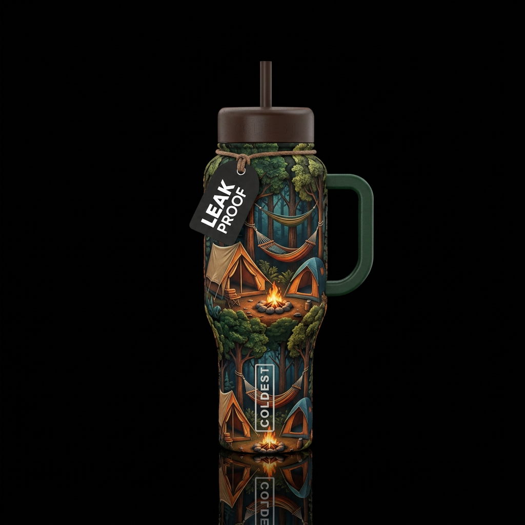 multiple tents, campfires, hammocks between trees,... water bottle design