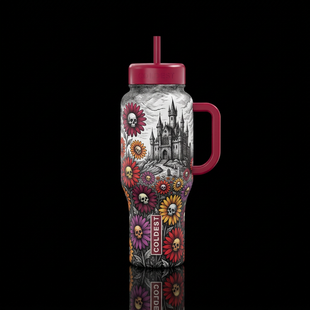 flower garden of blooming daisies where the discs ... water bottle design
